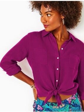 Lilly Pulitzer Sea View Linen Button Down Top Mulberry